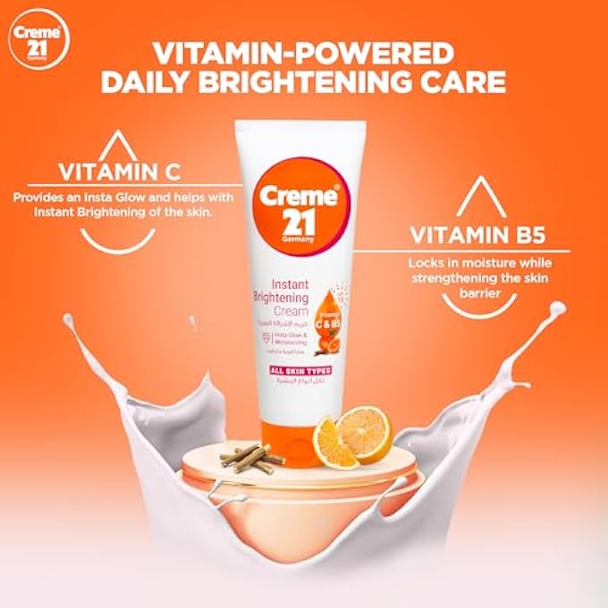Creme 21 INSTANT BRIGHTENING CREAM - 100ML | FACE MOISTURIZER WITH VITAMIN C & PRO-B5 | INSTANT GLOW FROM DAY 1 | EVENS TONE & FADES DARK SPOTS WITH SPF 15 DAILY PROTECTION | BORN IN GERMANY - Image 2